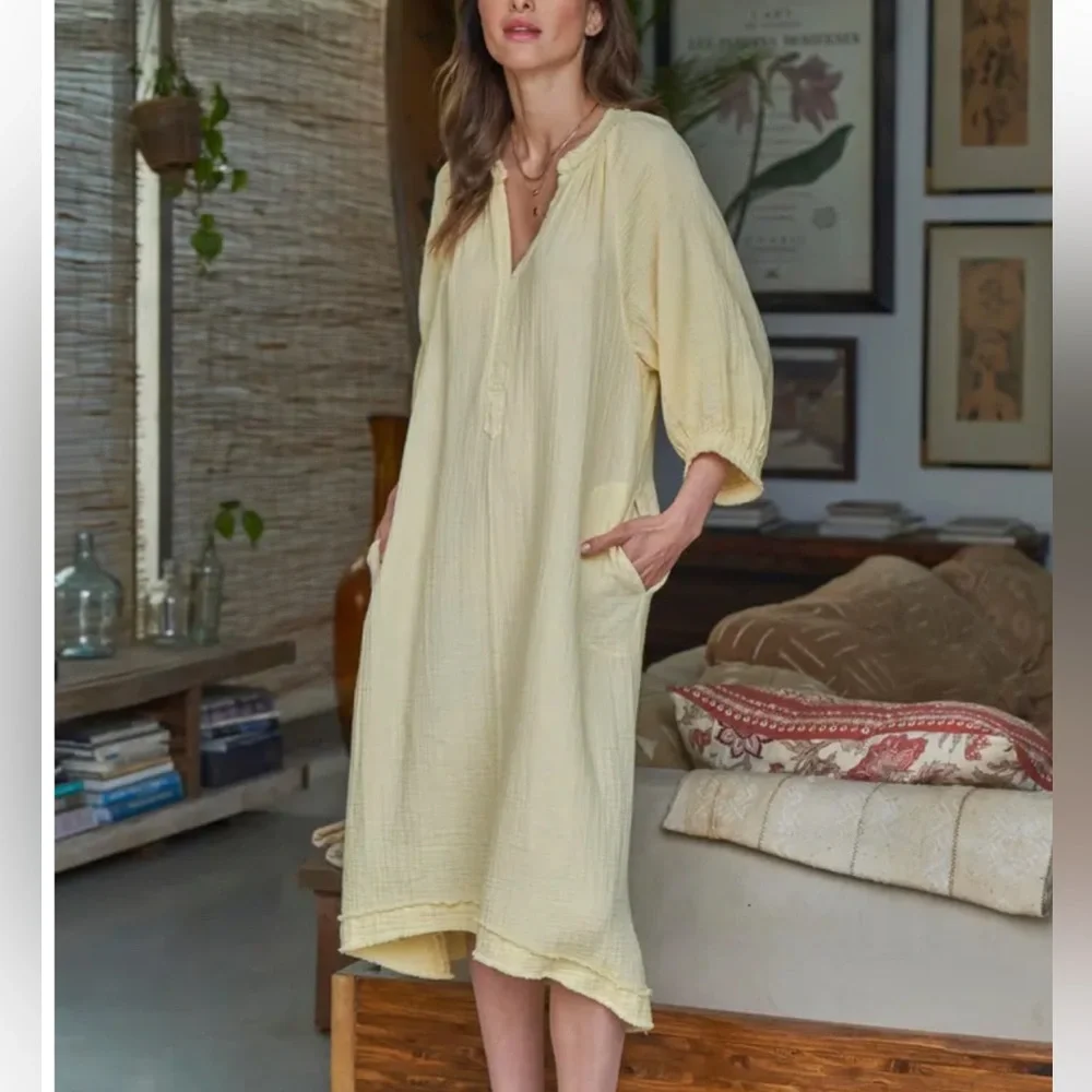 Ocean + Main Yellow Gauze Midi Dress with Pockets S/M - Picture 1 of 11